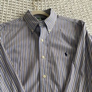 Polo by Ralph Lauren Men's Blue and Yellow Striped Shirt